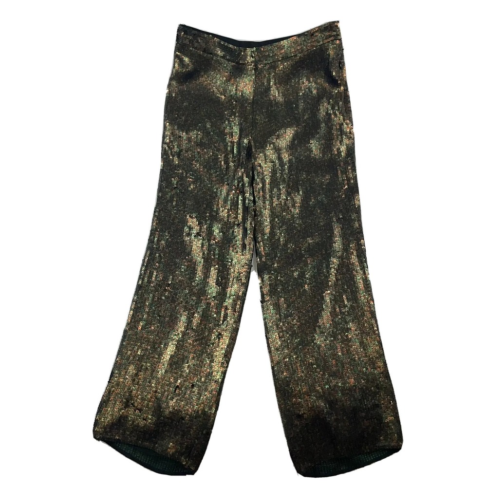 Tibi Sequined Loden Green Multicolor Slouchy Wide Leg Pants TF116AS44689 Size 30